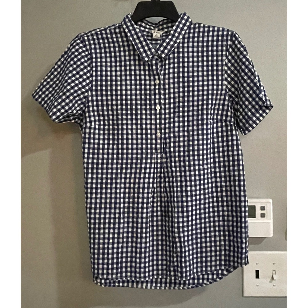 L.L. Bean Seersucker Pullover Womens Small Blue Gingham Plaid Shirt 510827 NEW